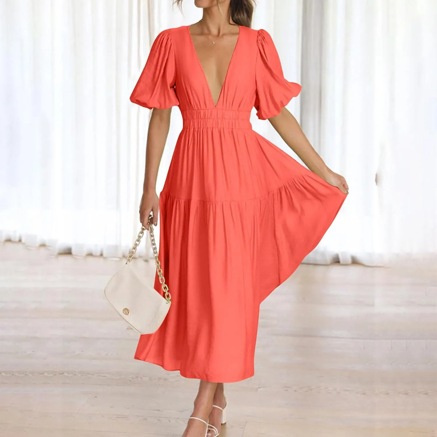 JOAU Women Summer Deep V Neck Maxi Dresses Casual Cute Puff Short Sleeve Flowy Ruffle Tiered A-line Boho Beach Vacation Dress