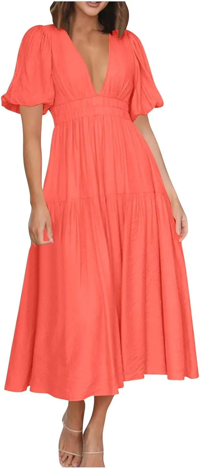JOAU Women Summer Deep V Neck Maxi Dresses Casual Cute Puff Short Sleeve Flowy Ruffle Tiered A-line Boho Beach Vacation Dress