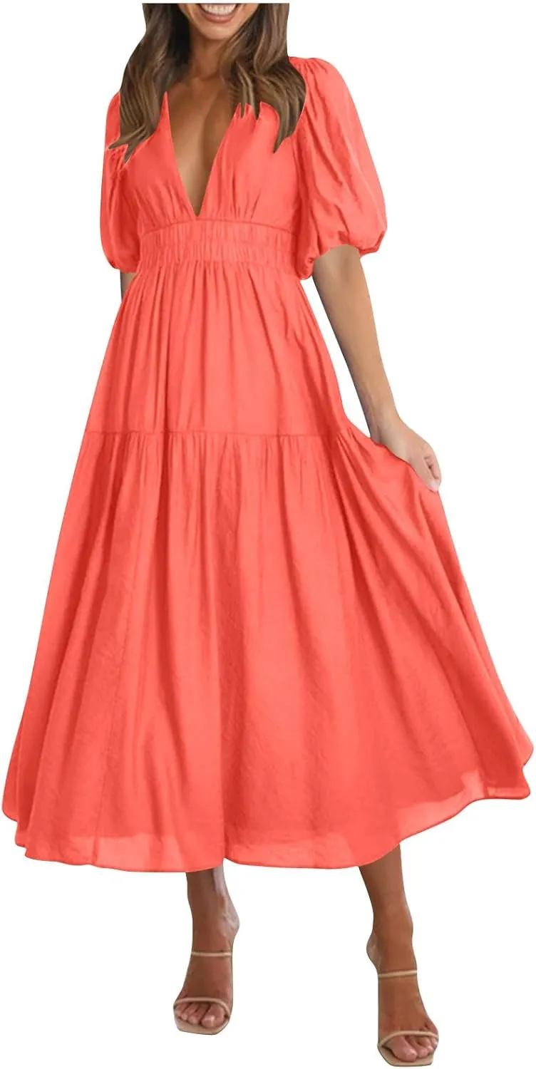 JOAU Women Summer Deep V Neck Maxi Dresses Casual Cute Puff Short Sleeve Flowy Ruffle Tiered A-line Boho Beach Vacation Dress