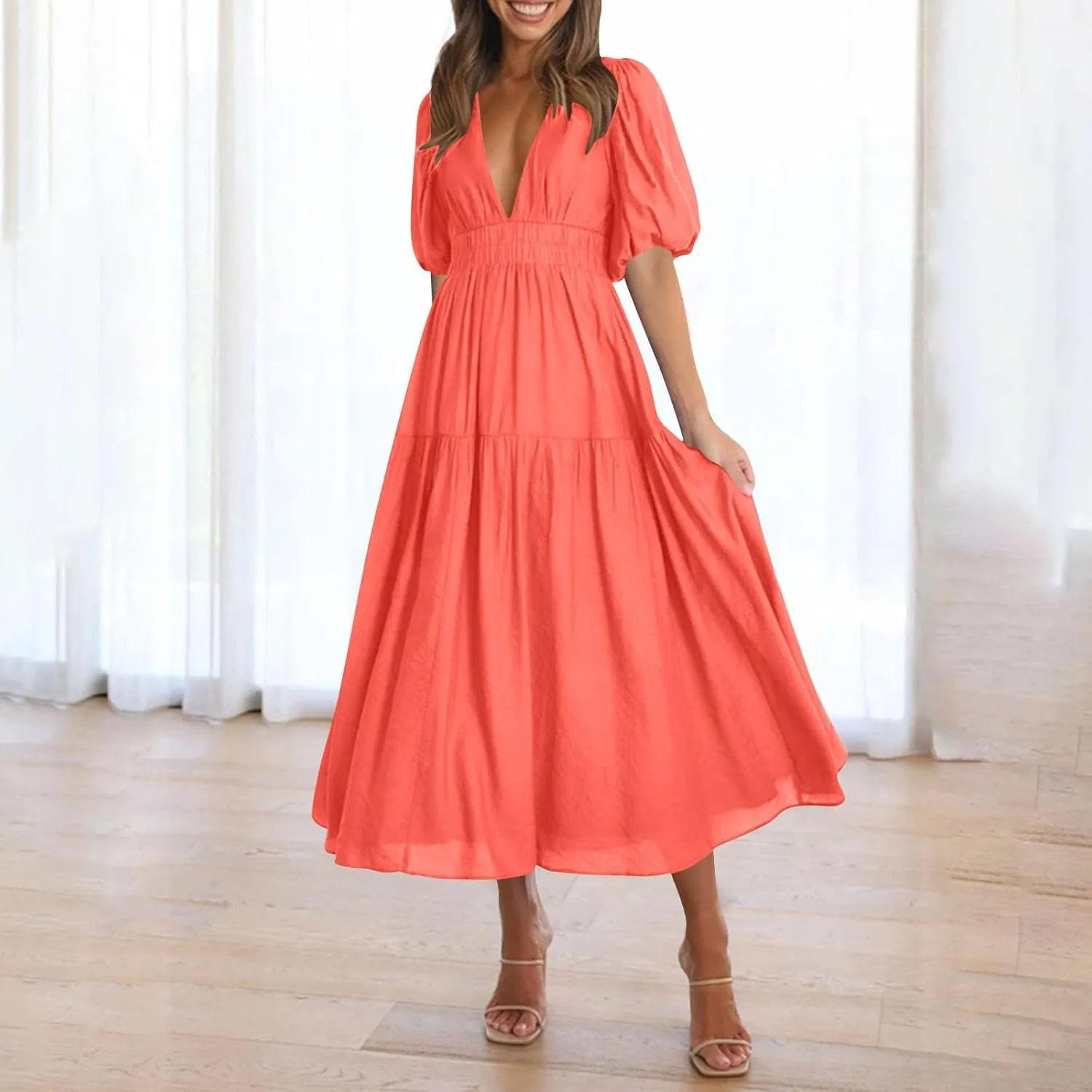 JOAU Women Summer Deep V Neck Maxi Dresses Casual Cute Puff Short Sleeve Flowy Ruffle Tiered A-line Boho Beach Vacation Dress