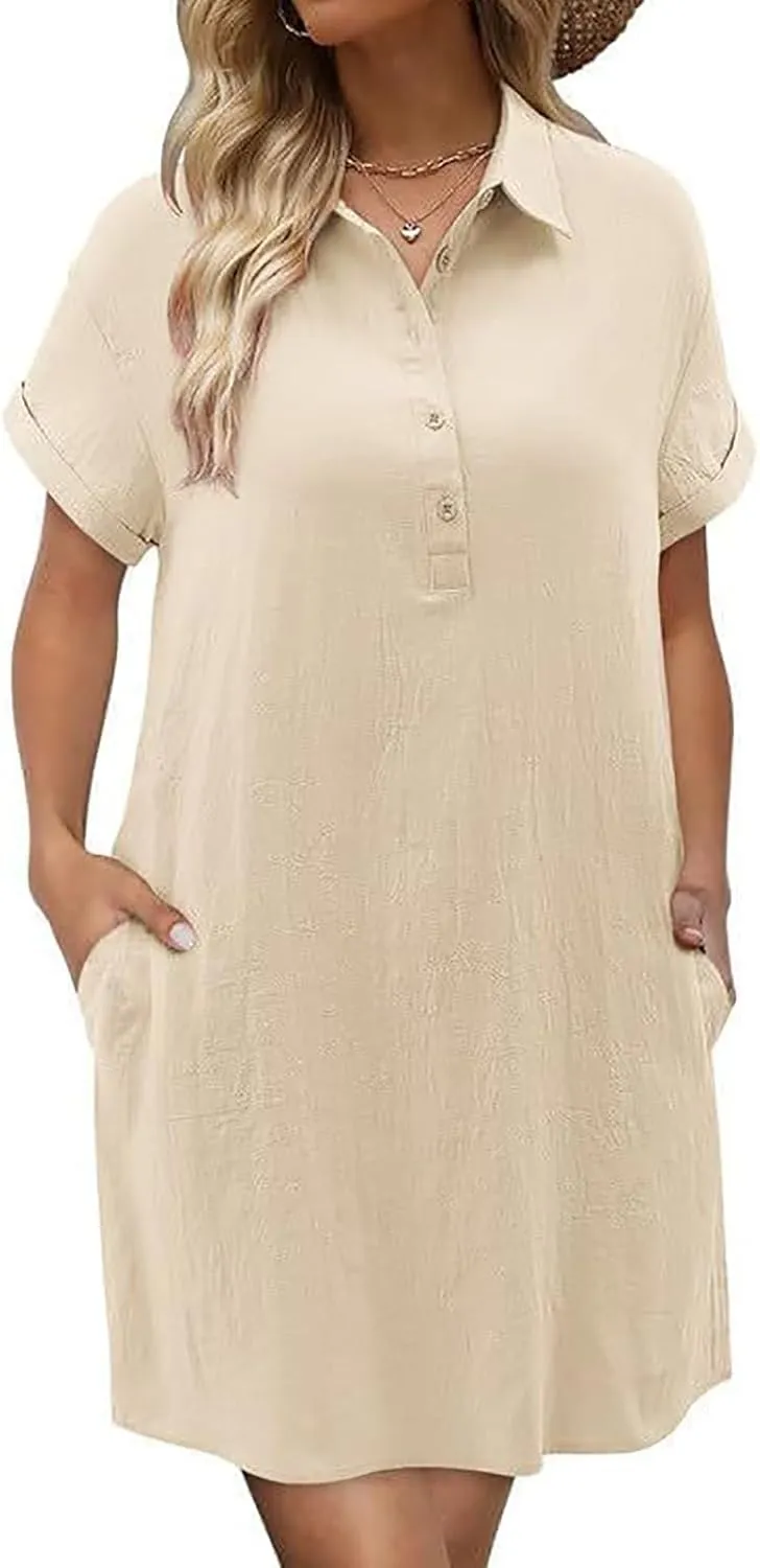 JOAU Womens Button Down Shirt Dress Summer Cotton Linen V-Neck Mini Dresses Casual Short Sleeve Collared Loose Tunic Dress