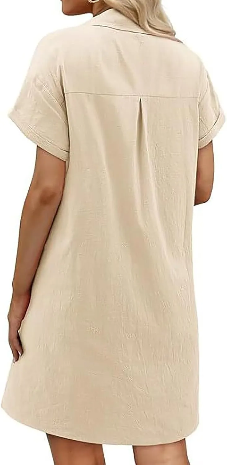 JOAU Womens Button Down Shirt Dress Summer Cotton Linen V-Neck Mini Dresses Casual Short Sleeve Collared Loose Tunic Dress