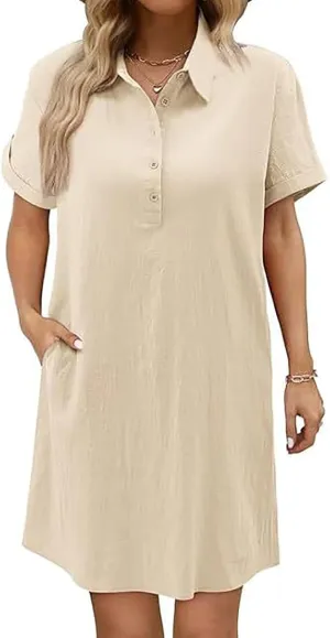 JOAU Womens Button Down Shirt Dress Summer Cotton Linen V-Neck Mini Dresses Casual Short Sleeve Collared Loose Tunic Dress