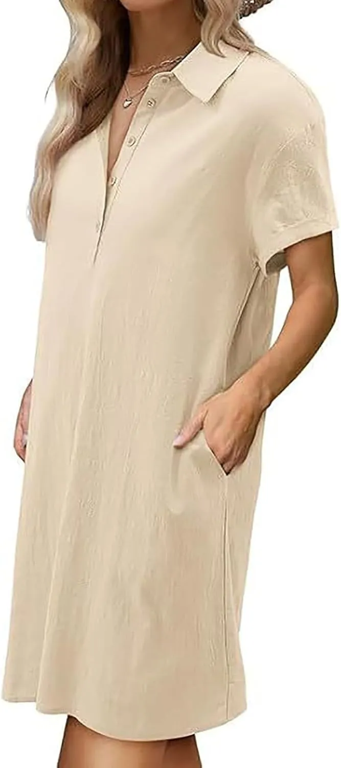 JOAU Womens Button Down Shirt Dress Summer Cotton Linen V-Neck Mini Dresses Casual Short Sleeve Collared Loose Tunic Dress