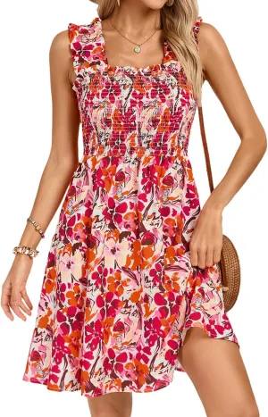 Kate Kasin Women's Summer Casual Dress Sleeveless Floral Flowy Smocked A-line Sundress Boho Mini Dresses