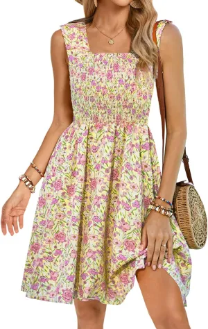 Kate Kasin Women's Summer Casual Dress Sleeveless Floral Flowy Smocked A-line Sundress Boho Mini Dresses