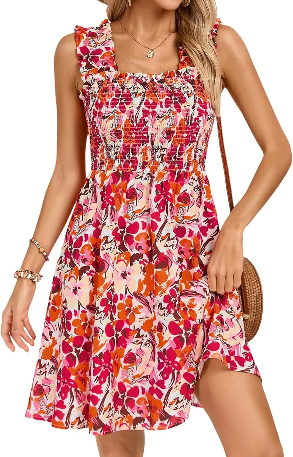 Kate Kasin Women's Summer Casual Dress Sleeveless Floral Flowy Smocked A-line Sundress Boho Mini Dresses