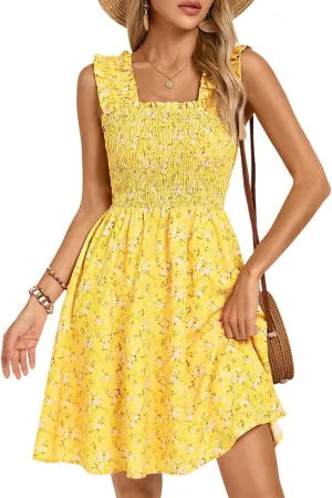 Kate Kasin Women's Summer Casual Dress Sleeveless Floral Flowy Smocked A-line Sundress Boho Mini Dresses