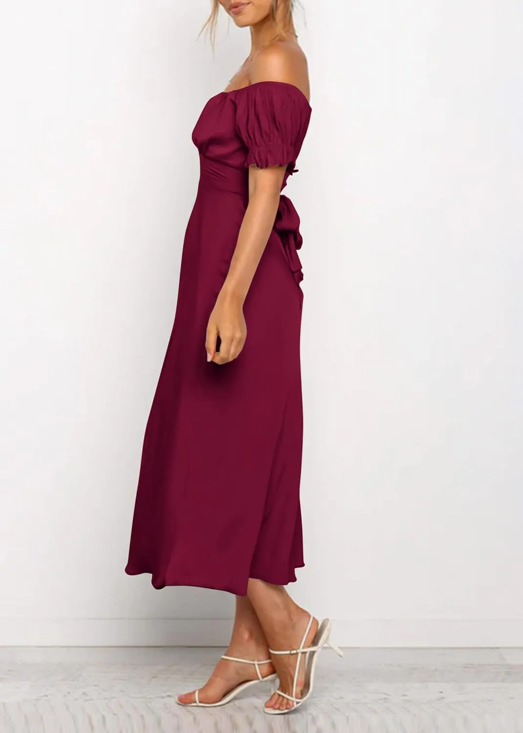 KIRUNDO Women's 2025 Summer Satin Midi Dress Off The Shoulder Wrap Ruched Wedding Guest Party Cocktail Formal Prom Dresses