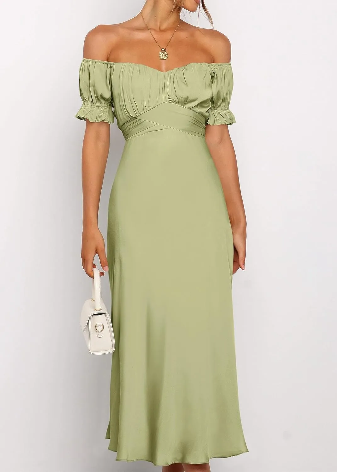 KIRUNDO Women's 2025 Summer Satin Midi Dress Off The Shoulder Wrap Ruched Wedding Guest Party Cocktail Formal Prom Dresses