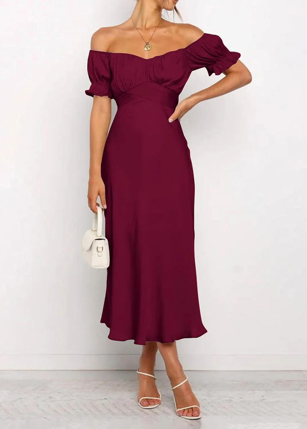 KIRUNDO Women's 2025 Summer Satin Midi Dress Off The Shoulder Wrap Ruched Wedding Guest Party Cocktail Formal Prom Dresses