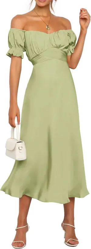 KIRUNDO Women's 2025 Summer Satin Midi Dress Off The Shoulder Wrap Ruched Wedding Guest Party Cocktail Formal Prom Dresses