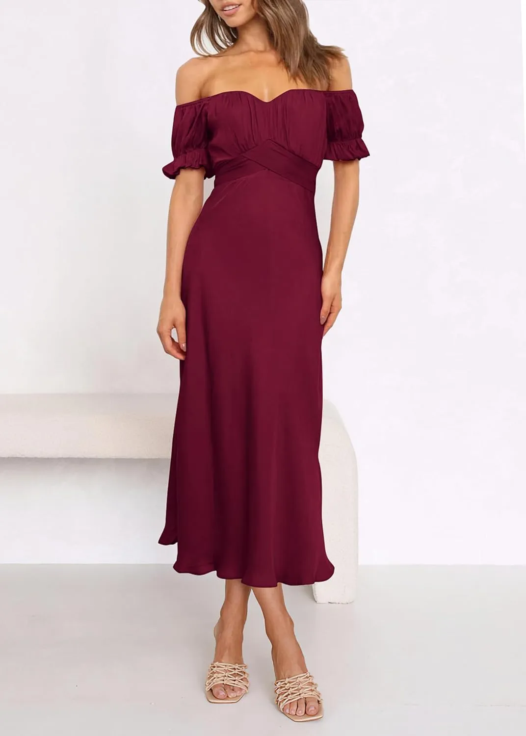 KIRUNDO Women's 2025 Summer Satin Midi Dress Off The Shoulder Wrap Ruched Wedding Guest Party Cocktail Formal Prom Dresses