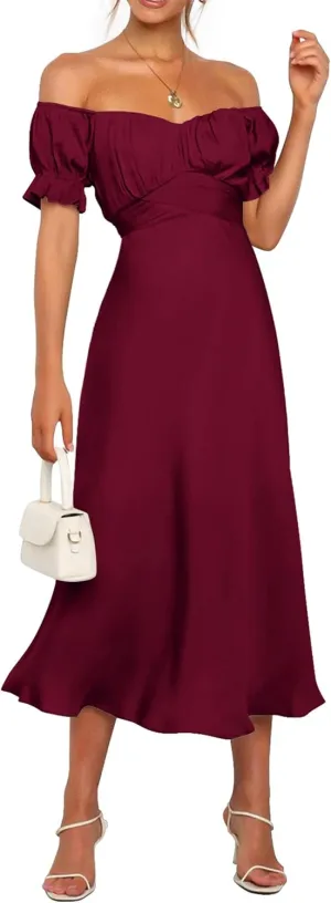 KIRUNDO Women's 2025 Summer Satin Midi Dress Off The Shoulder Wrap Ruched Wedding Guest Party Cocktail Formal Prom Dresses