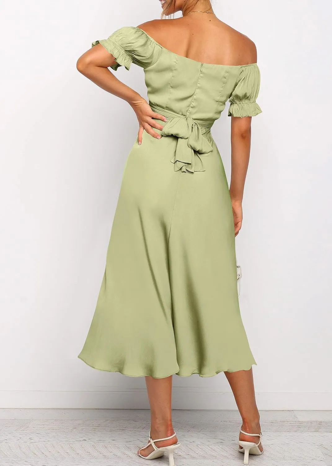 KIRUNDO Women's 2025 Summer Satin Midi Dress Off The Shoulder Wrap Ruched Wedding Guest Party Cocktail Formal Prom Dresses