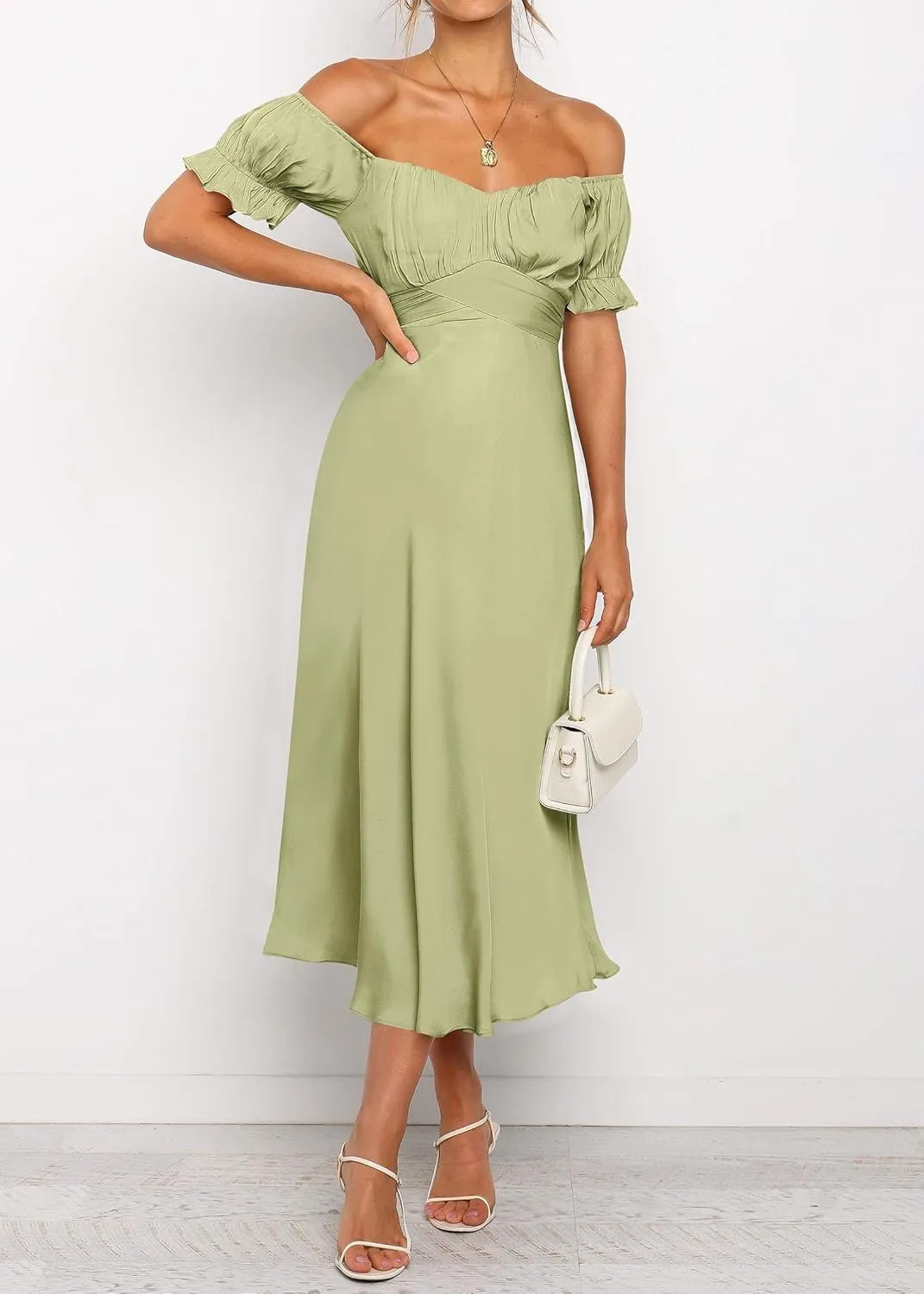 KIRUNDO Women's 2025 Summer Satin Midi Dress Off The Shoulder Wrap Ruched Wedding Guest Party Cocktail Formal Prom Dresses