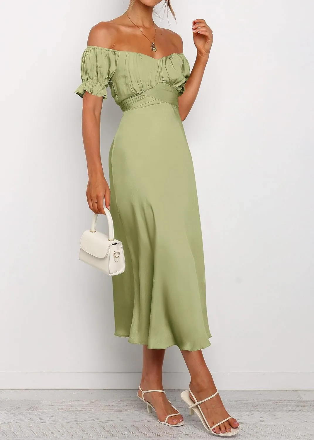 KIRUNDO Women's 2025 Summer Satin Midi Dress Off The Shoulder Wrap Ruched Wedding Guest Party Cocktail Formal Prom Dresses