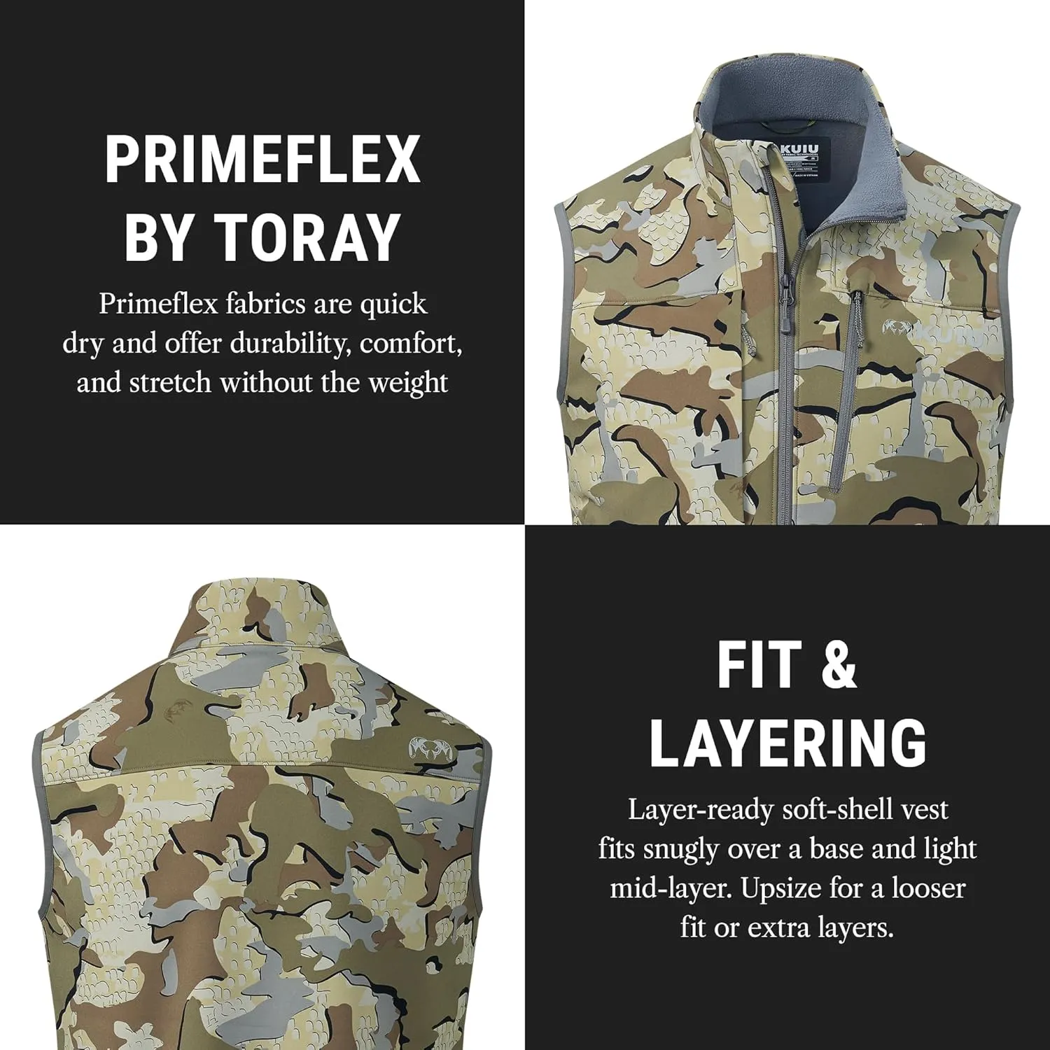 KUIU Guide PRO Vest – Wind & Water-Resistant Soft Shell Hunting Vest, Durable & Quiet with Fleece Lining for Cold Weather
