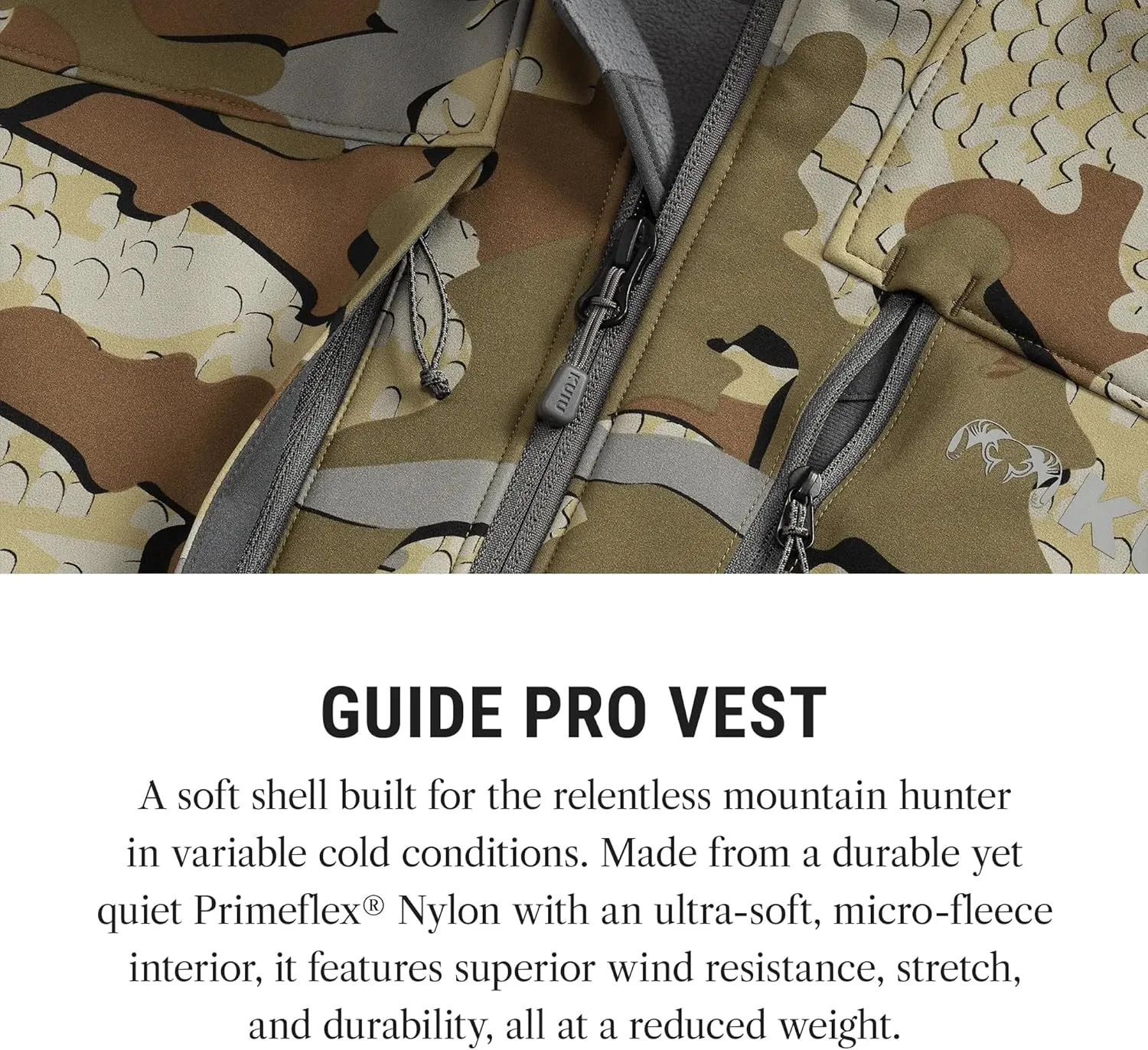 KUIU Guide PRO Vest – Wind & Water-Resistant Soft Shell Hunting Vest, Durable & Quiet with Fleece Lining for Cold Weather