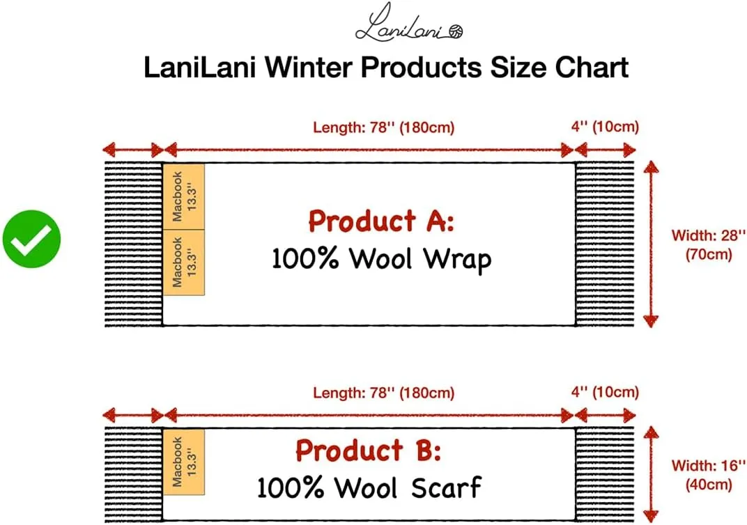 LaniLani 100% Merino Wool Scarf Shawl for Women, Warm and Oversized, Pashmina Cashmere feel, 78” x 28”, Winter Gift for Women