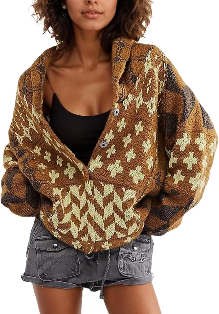 LaurelTree Womens Cardigan Sweaters Open Front Button up Weaters Y2k Knit Chunky Winter Outerwear Coats with Hem Drawstring