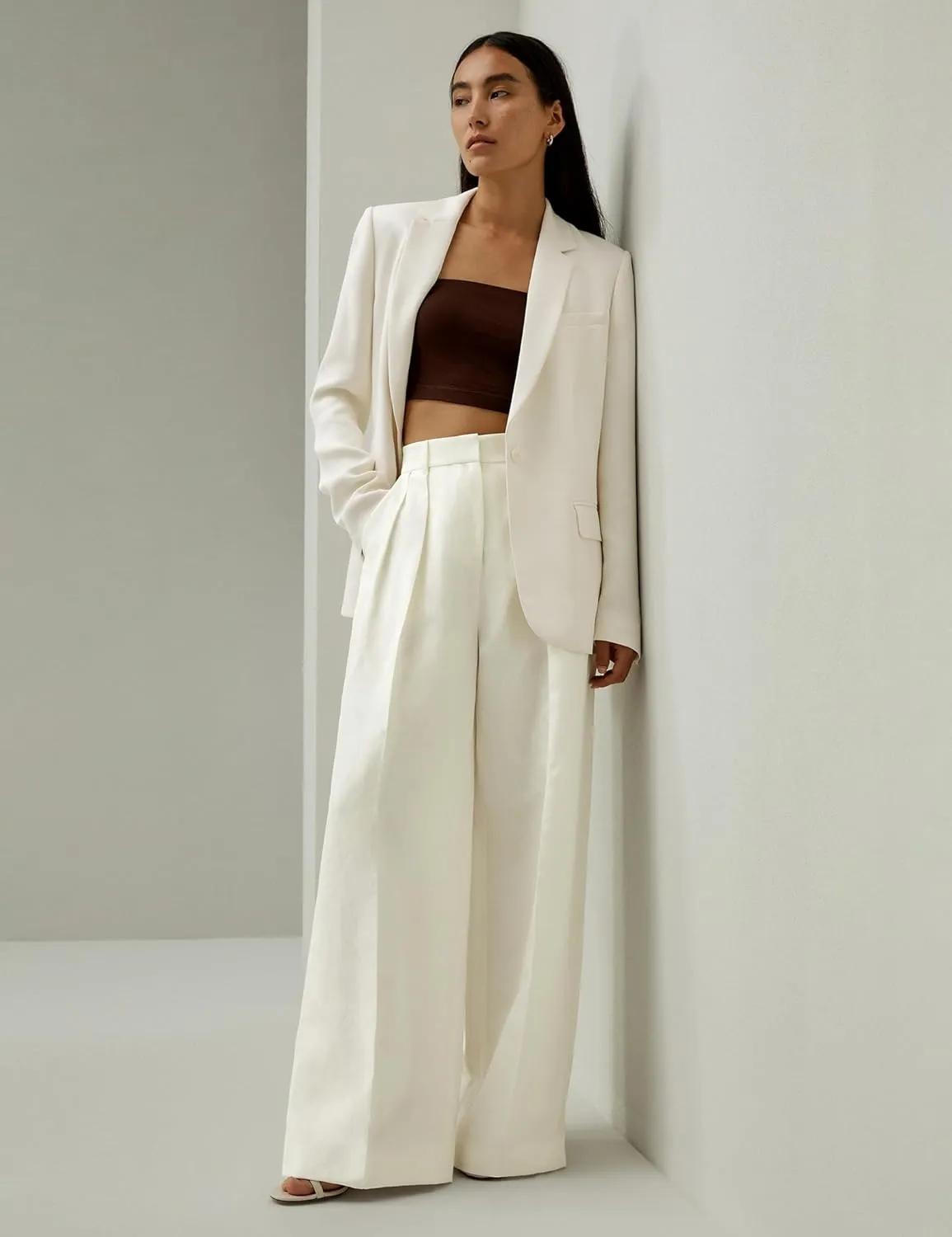 LilySilk Silk-Linen Blend Trousers for Women Silk Pants Wide Leg Front-Pleated Side Pockets Work