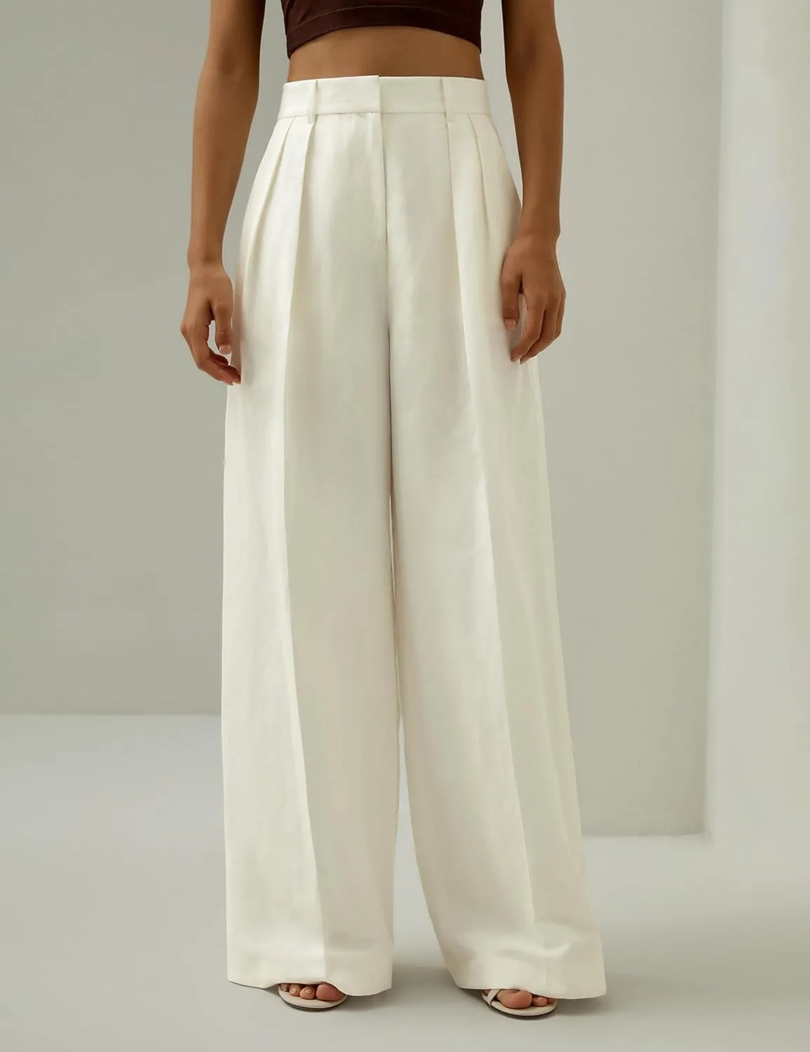 LilySilk Silk-Linen Blend Trousers for Women Silk Pants Wide Leg Front-Pleated Side Pockets Work