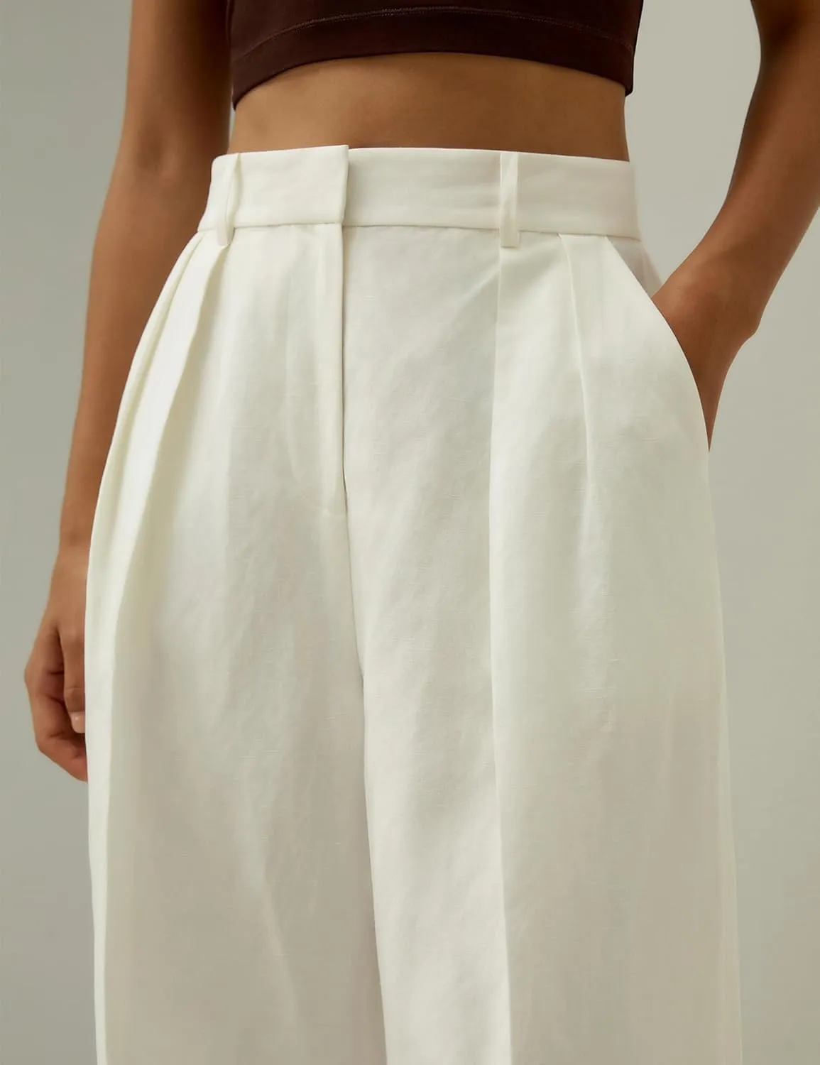 LilySilk Silk-Linen Blend Trousers for Women Silk Pants Wide Leg Front-Pleated Side Pockets Work
