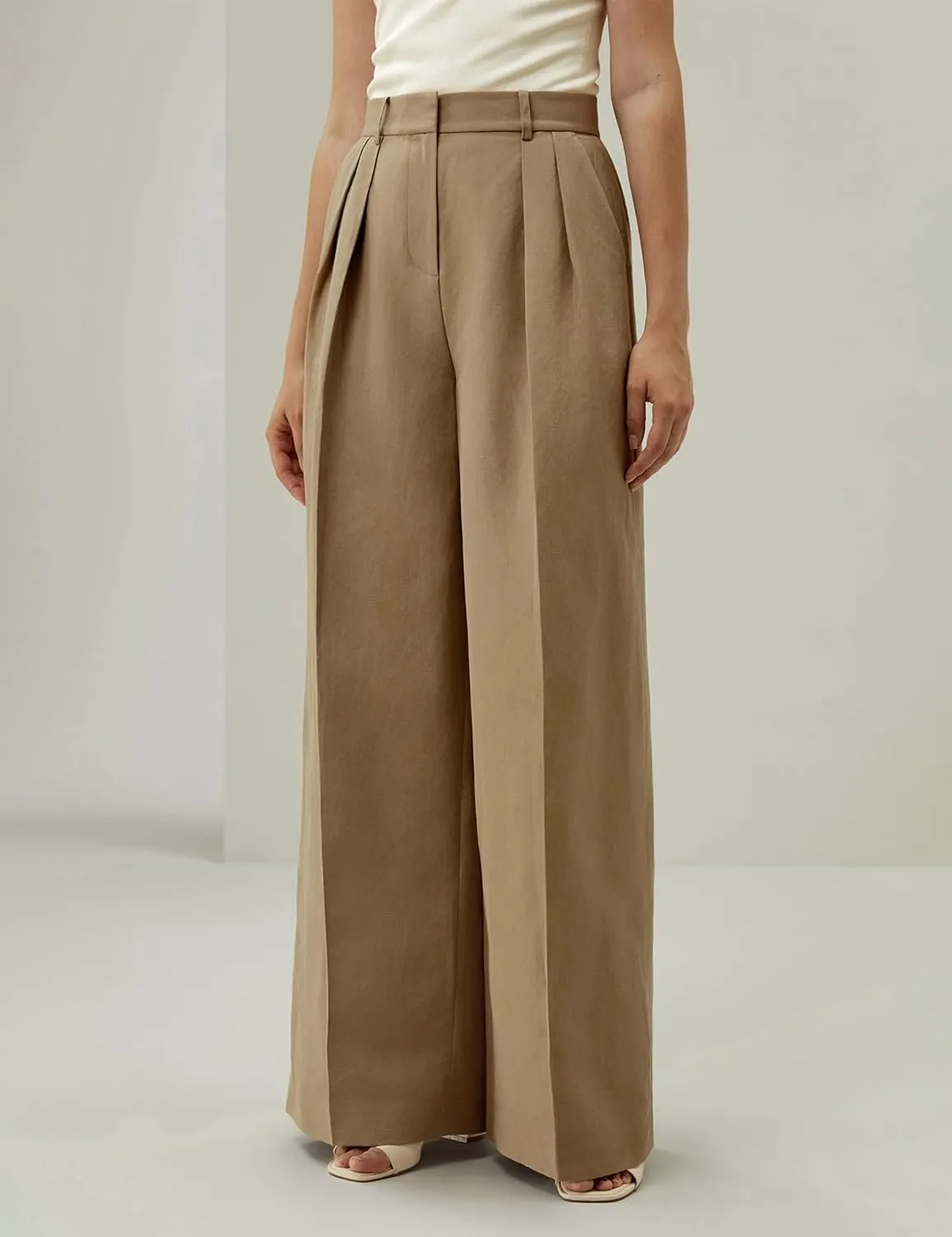 LilySilk Silk-Linen Blend Trousers for Women Silk Pants Wide Leg Front-Pleated Side Pockets Work