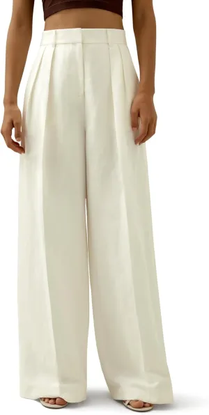 LilySilk Silk-Linen Blend Trousers for Women Silk Pants Wide Leg Front-Pleated Side Pockets Work