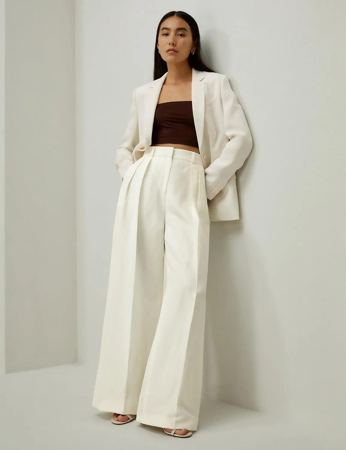 LilySilk Silk-Linen Blend Trousers for Women Silk Pants Wide Leg Front-Pleated Side Pockets Work