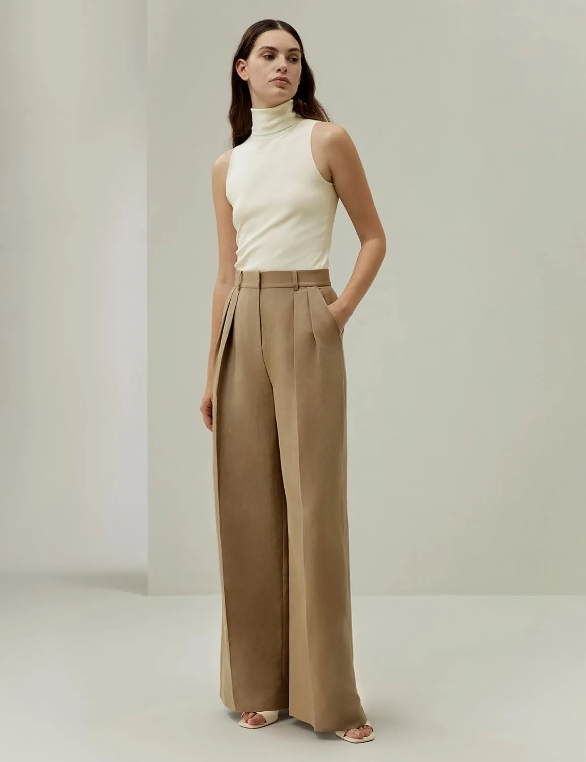 LilySilk Silk-Linen Blend Trousers for Women Silk Pants Wide Leg Front-Pleated Side Pockets Work