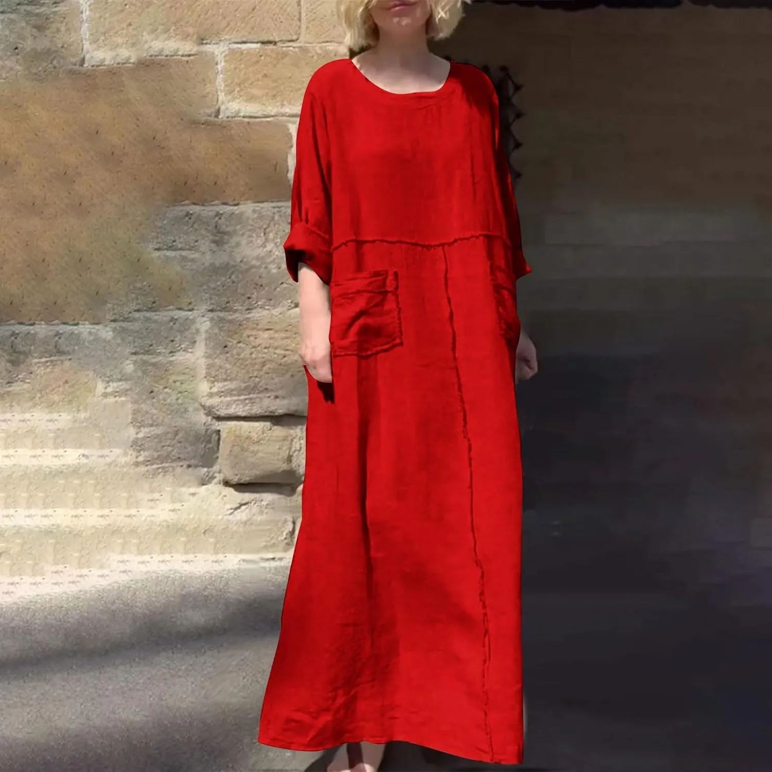 Linen Dresses for Women Oversized Crew Neck Long Sleeve Maxi Dress Casual Loose Long Dress Fashion Dresses with Pockets
