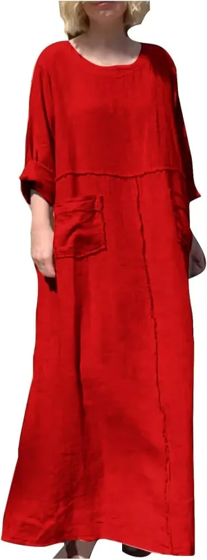 Linen Dresses for Women Oversized Crew Neck Long Sleeve Maxi Dress Casual Loose Long Dress Fashion Dresses with Pockets