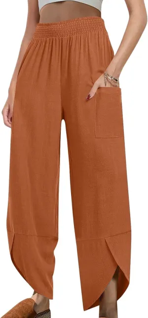 Linen Pants for Women Dressy Casual Wide Leg Cropped Pants Trendy Vacation Baggy High Waisted Pants Lounge Bottoms