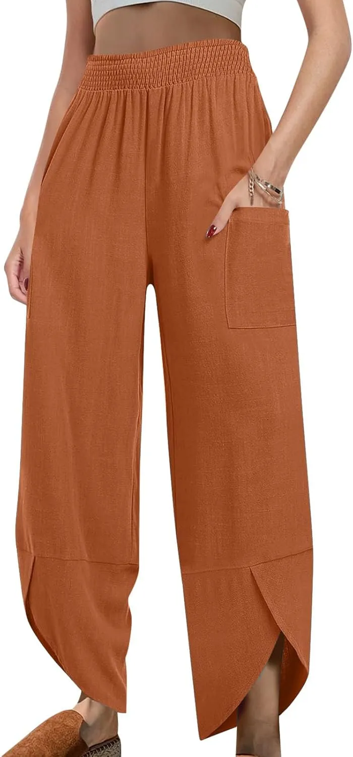 Linen Pants for Women Dressy Casual Wide Leg Cropped Pants Trendy Vacation Baggy High Waisted Pants Lounge Bottoms