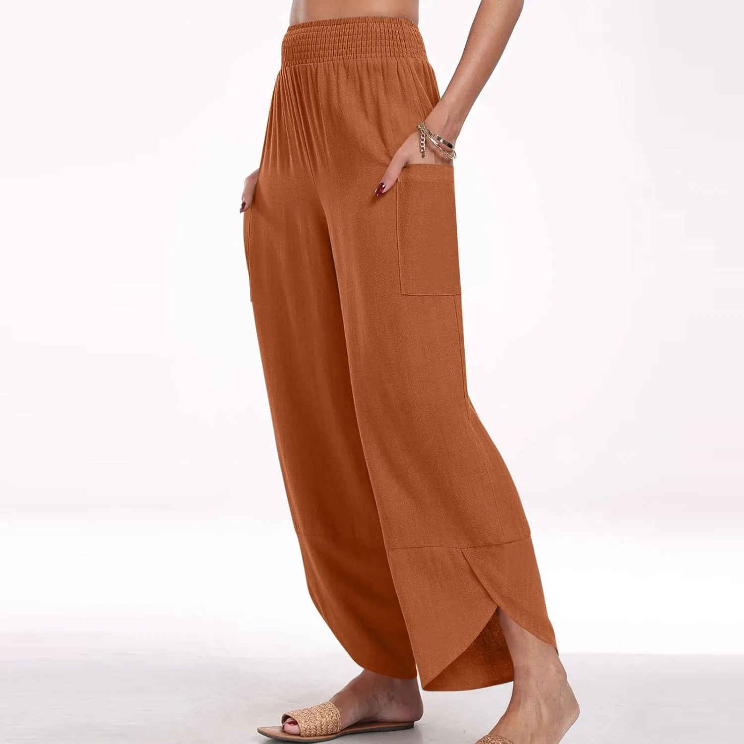 Linen Pants for Women Dressy Casual Wide Leg Cropped Pants Trendy Vacation Baggy High Waisted Pants Lounge Bottoms