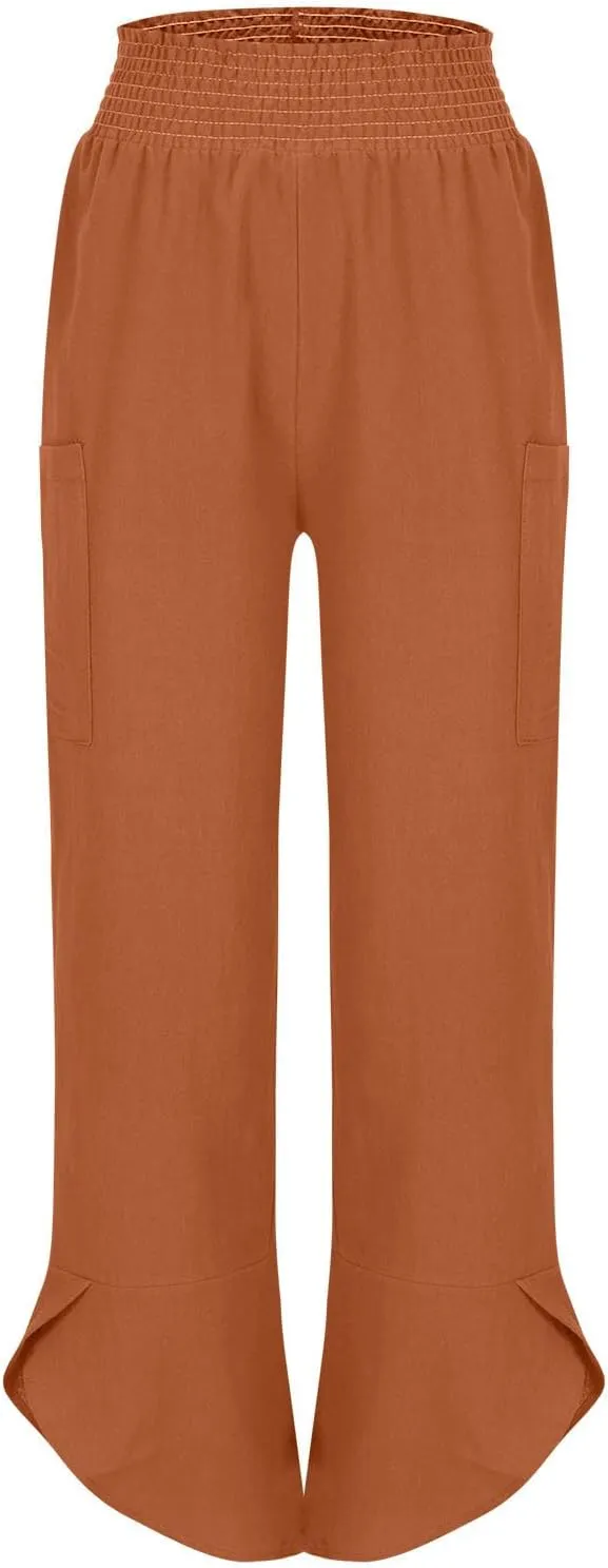 Linen Pants for Women Dressy Casual Wide Leg Cropped Pants Trendy Vacation Baggy High Waisted Pants Lounge Bottoms