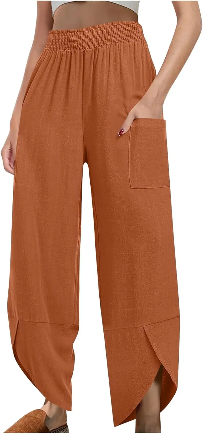 Linen Pants for Women Dressy Casual Wide Leg Cropped Pants Trendy Vacation Baggy High Waisted Pants Lounge Bottoms