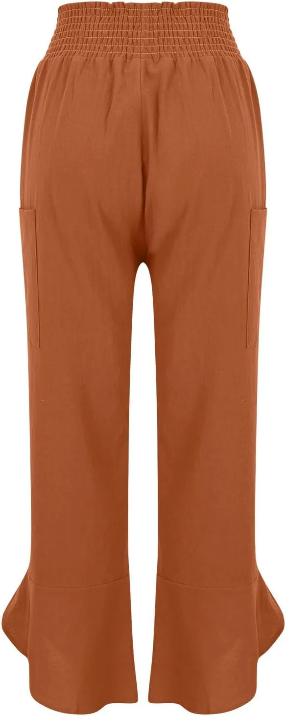 Linen Pants for Women Dressy Casual Wide Leg Cropped Pants Trendy Vacation Baggy High Waisted Pants Lounge Bottoms