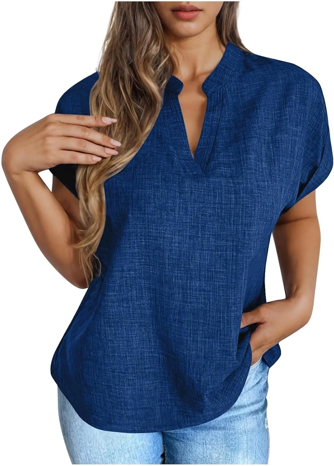 Linen Tops for Women Cute Short Sleeve V Neck Pullover Curved Hem Loose Fit T-Shirts 2025 Summer Outfits Clothes