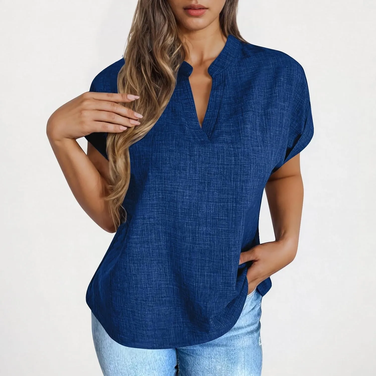 Linen Tops for Women Cute Short Sleeve V Neck Pullover Curved Hem Loose Fit T-Shirts 2025 Summer Outfits Clothes