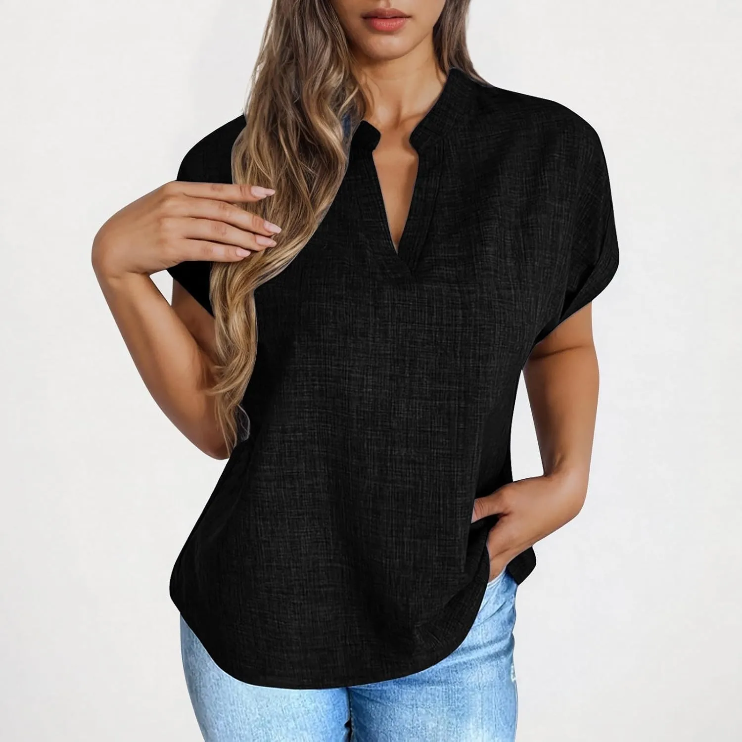 Linen Tops for Women Cute Short Sleeve V Neck Pullover Curved Hem Loose Fit T-Shirts 2025 Summer Outfits Clothes