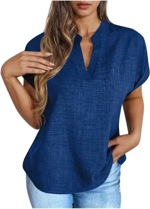 Linen Tops for Women Cute Short Sleeve V Neck Pullover Curved Hem Loose Fit T-Shirts 2025 Summer Outfits Clothes
