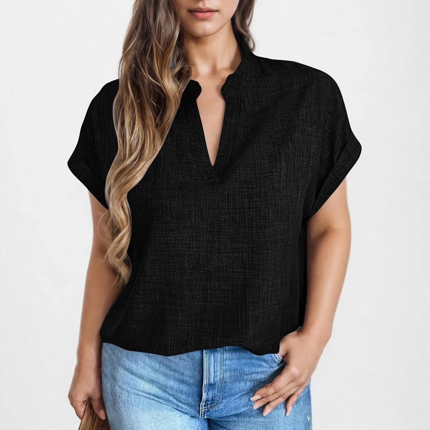 Linen Tops for Women Cute Short Sleeve V Neck Pullover Curved Hem Loose Fit T-Shirts 2025 Summer Outfits Clothes
