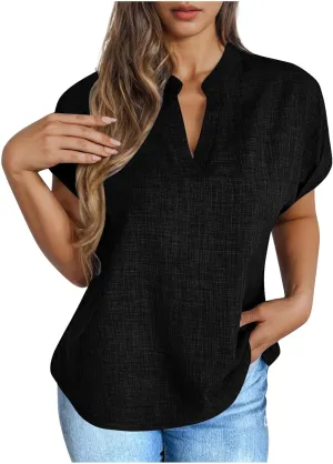 Linen Tops for Women Cute Short Sleeve V Neck Pullover Curved Hem Loose Fit T-Shirts 2025 Summer Outfits Clothes