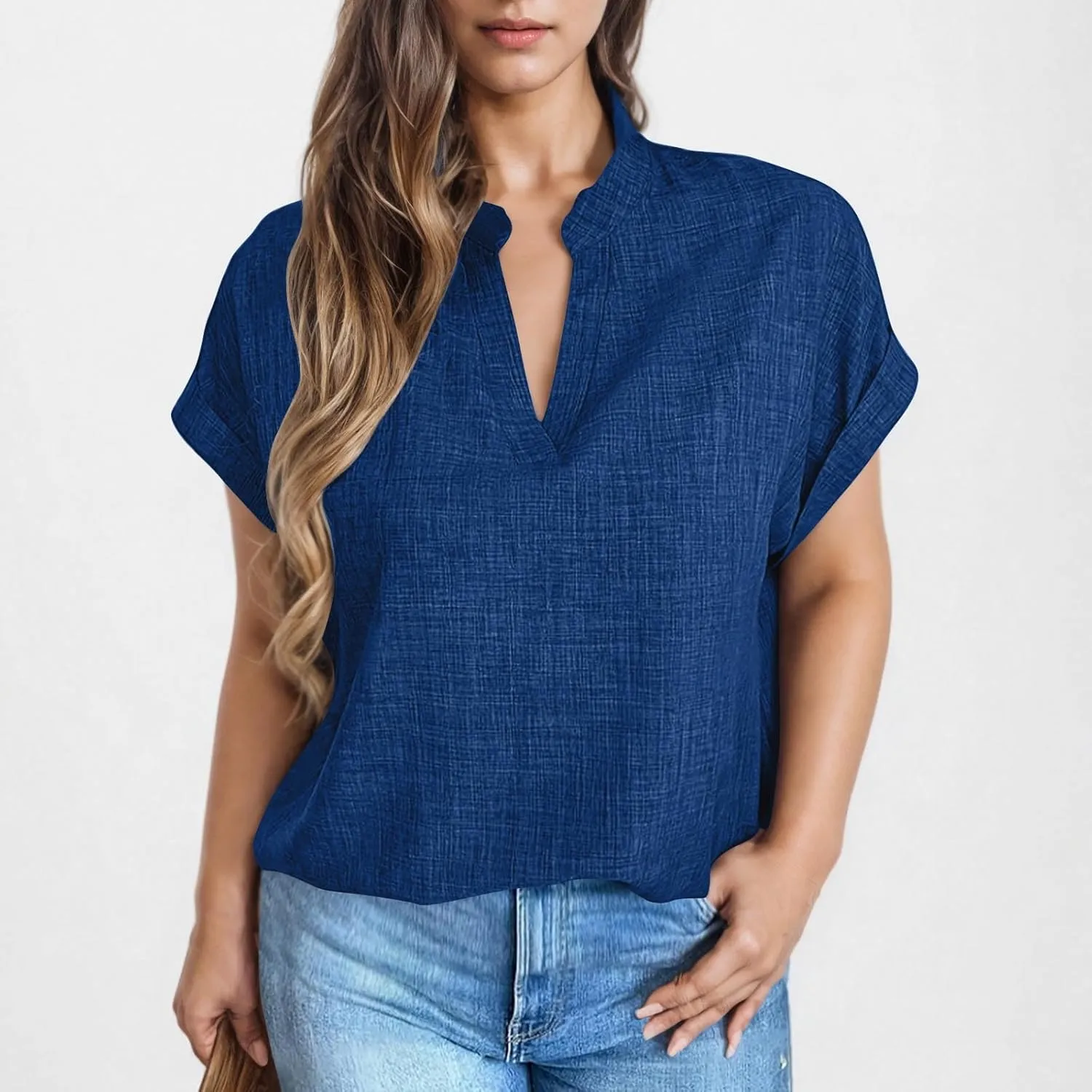 Linen Tops for Women Cute Short Sleeve V Neck Pullover Curved Hem Loose Fit T-Shirts 2025 Summer Outfits Clothes
