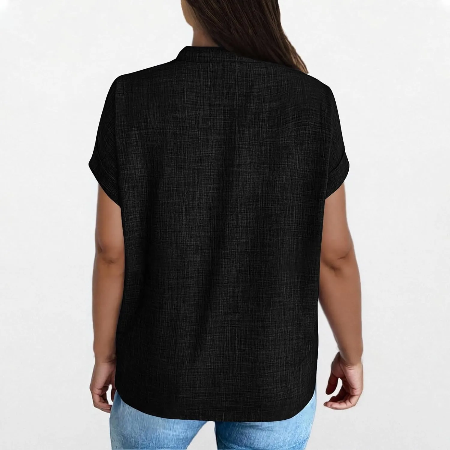 Linen Tops for Women Cute Short Sleeve V Neck Pullover Curved Hem Loose Fit T-Shirts 2025 Summer Outfits Clothes