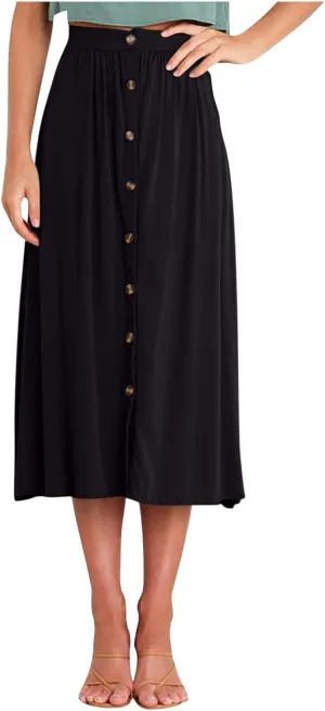 Long Skirts for Women Button Down Elastic High Waist A Line Casual Flowy Tiered Skirt Summer Beach Vacation Skirts