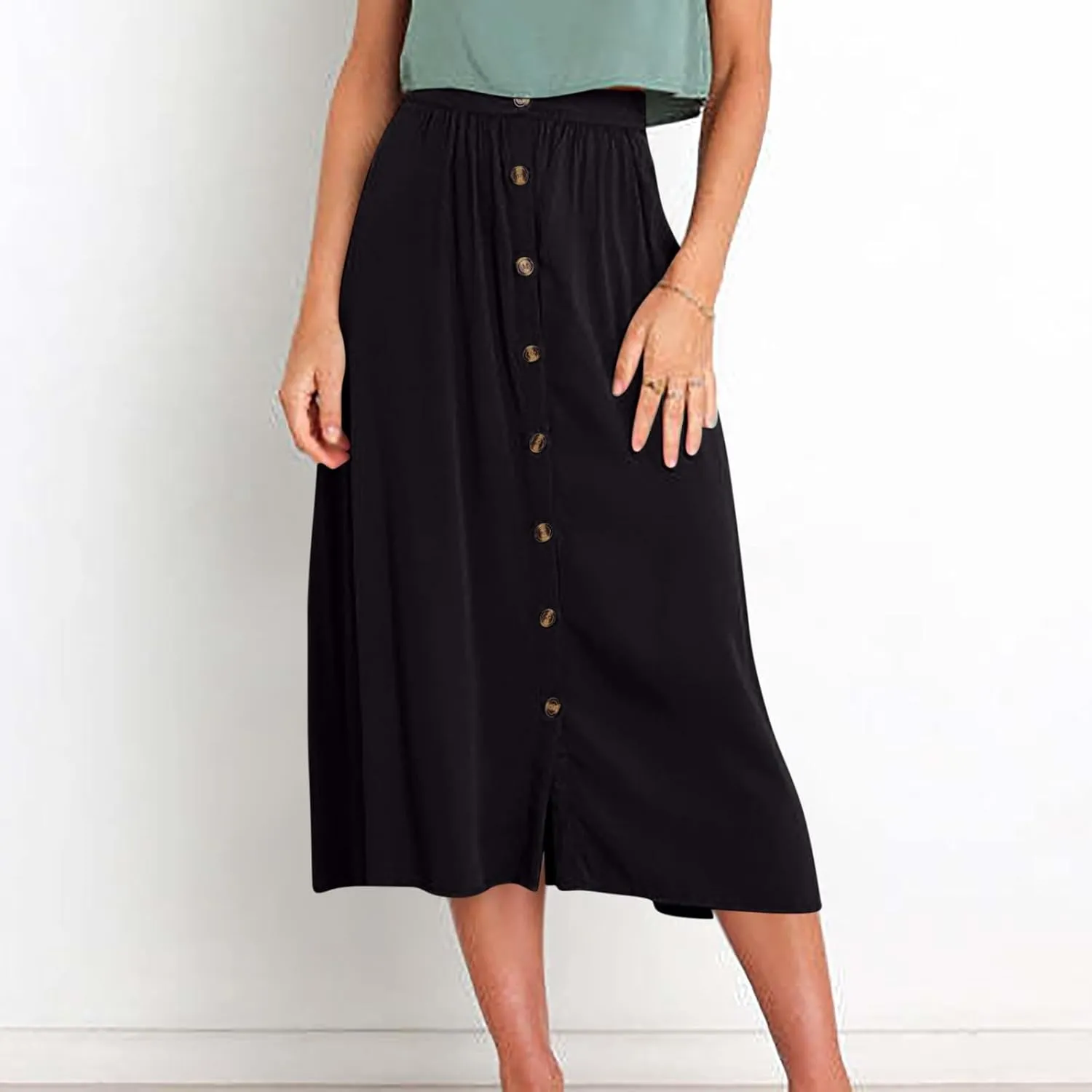 Long Skirts for Women Button Down Elastic High Waist A Line Casual Flowy Tiered Skirt Summer Beach Vacation Skirts